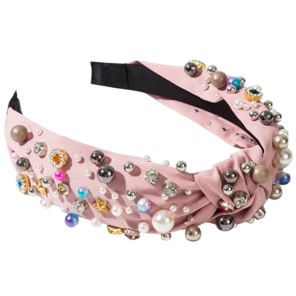 Pink Knotted Headband with Faux Pearls & Rhinestones - Picture 2 of 2